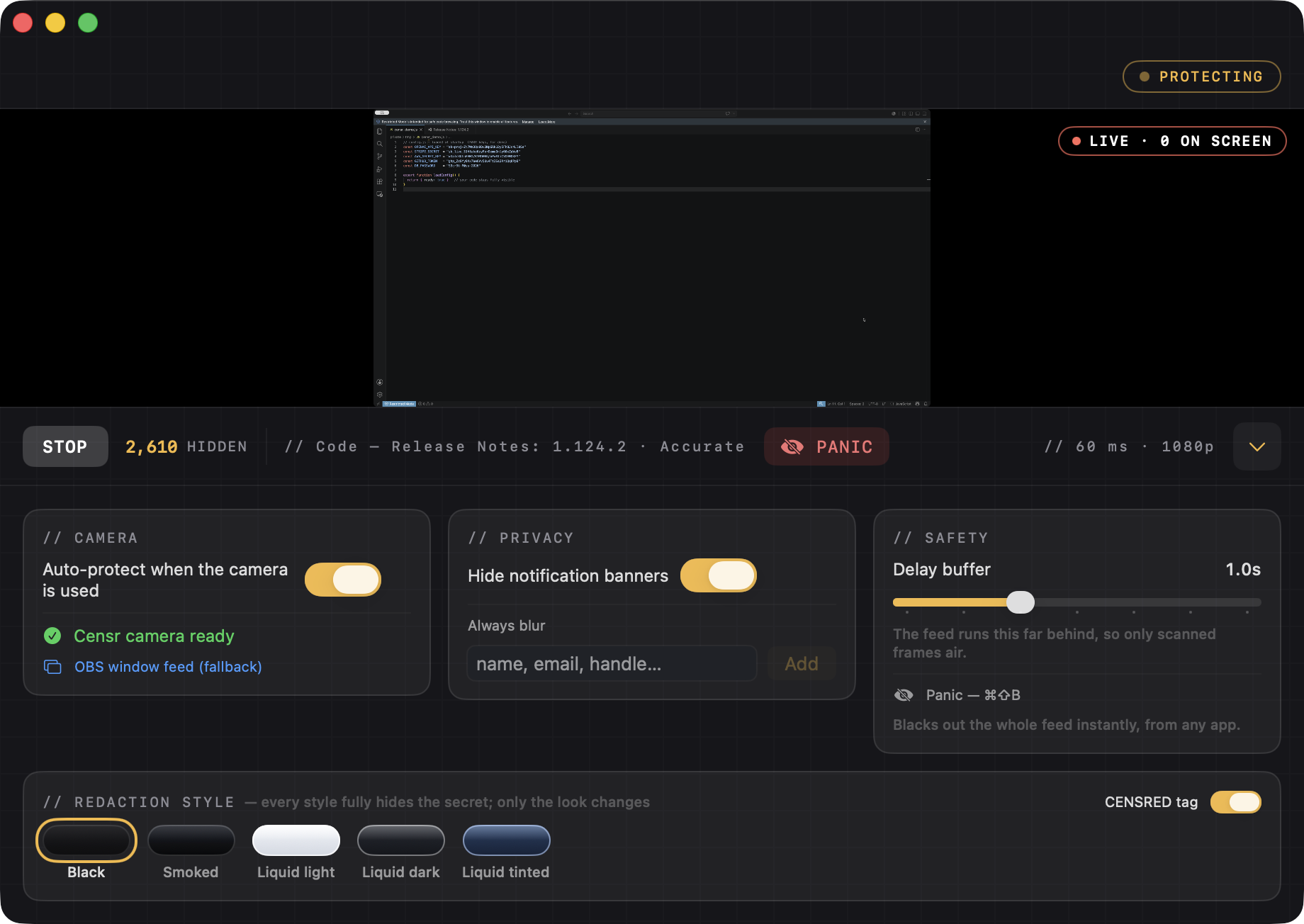 Censr settings — redaction styles, always-blur list, on-device camera status, delay buffer and panic hotkey.